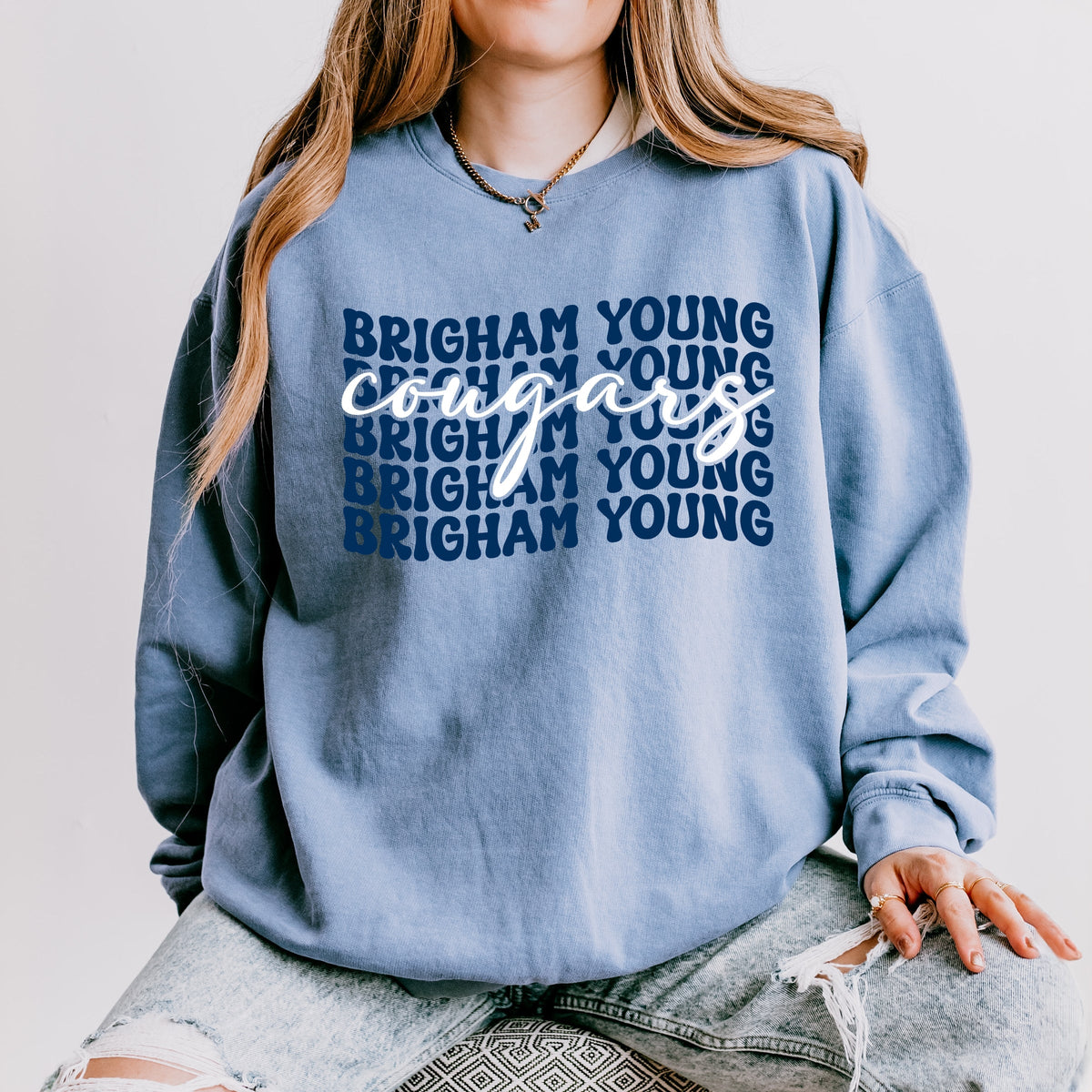 Licensed Brigham Young Stacked Cougars - Women's Lightweight Garment Dyed Sweatshirt