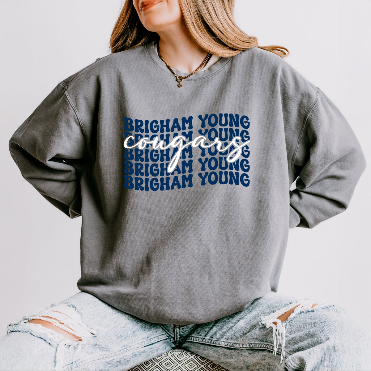 Licensed Brigham Young Stacked Cougars - Women's Lightweight Garment Dyed Sweatshirt