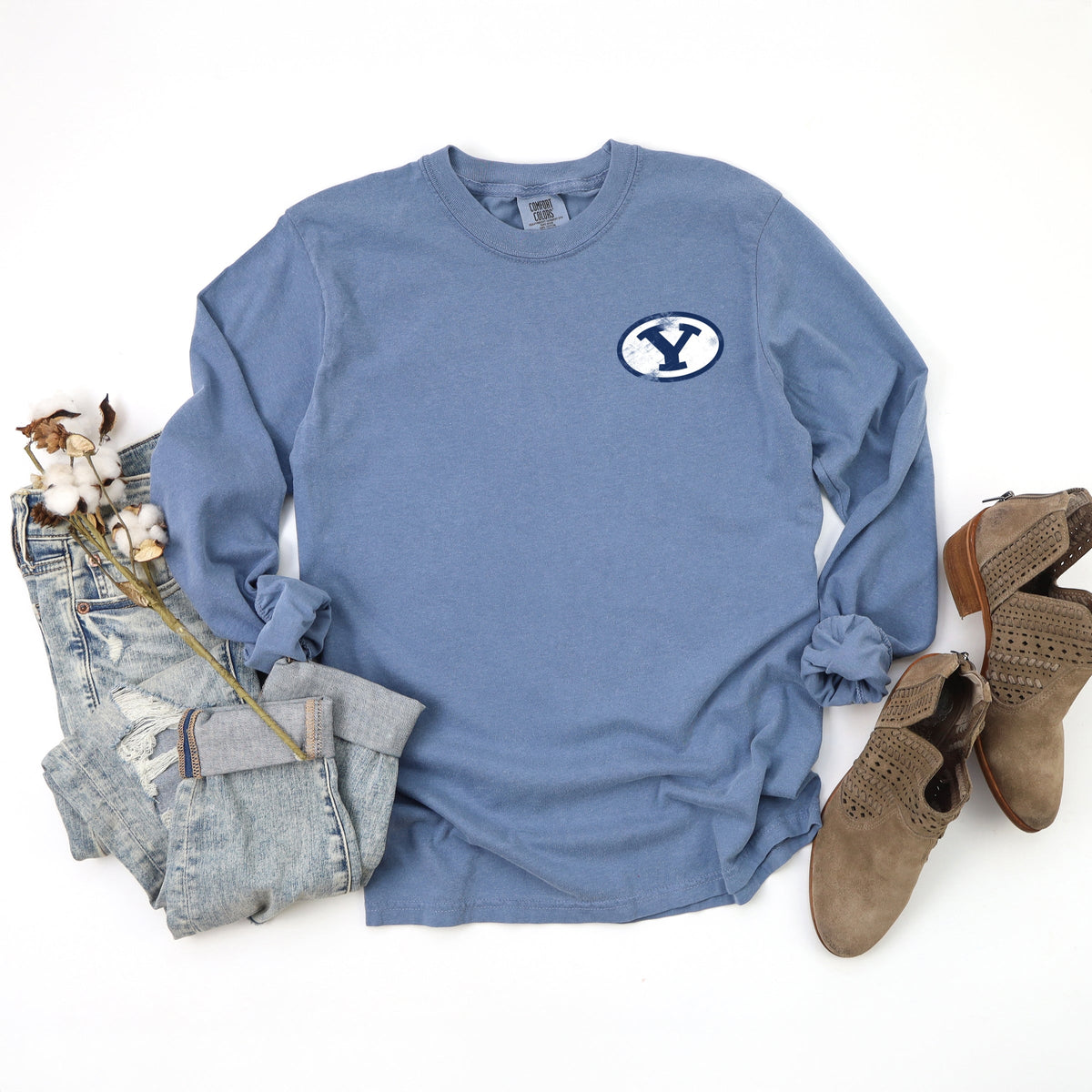Licensed BYU Y Cougars - Women's Garment Dyed Long Sleeve Graphic T-Shirt