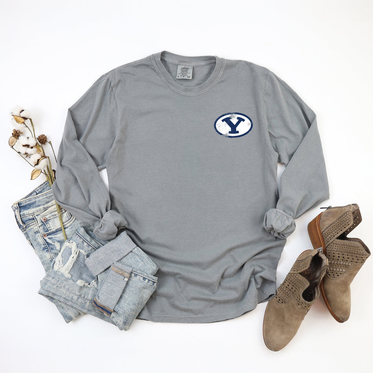 Licensed BYU Y Cougars - Women's Garment Dyed Long Sleeve Graphic T-Shirt