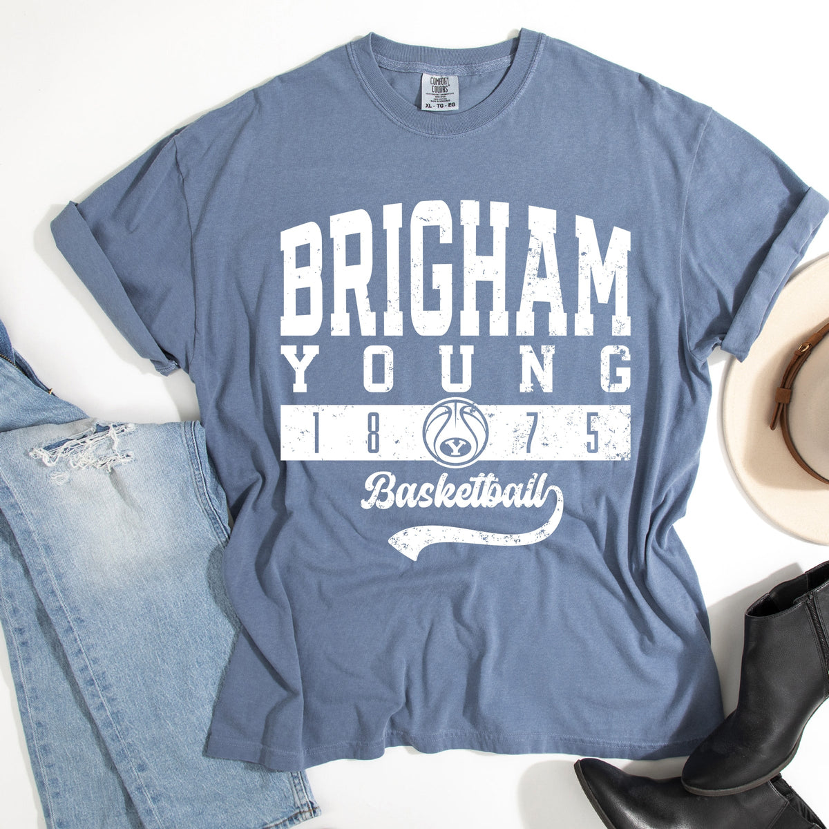 Brigham Young Basketball Arch Solid - Women's Garment Dyed Graphic T-Shirt
