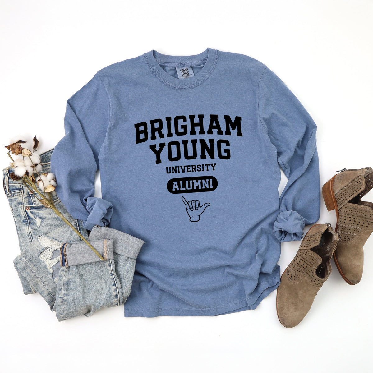 Licensed Brigham Young Alumni - Women's Garment Dyed Long Sleeve Graphic T-Shirt