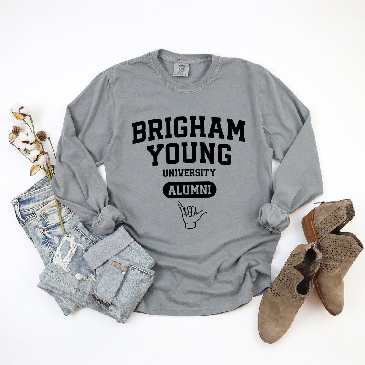 Licensed Brigham Young Alumni - Women's Garment Dyed Long Sleeve Graphic T-Shirt
