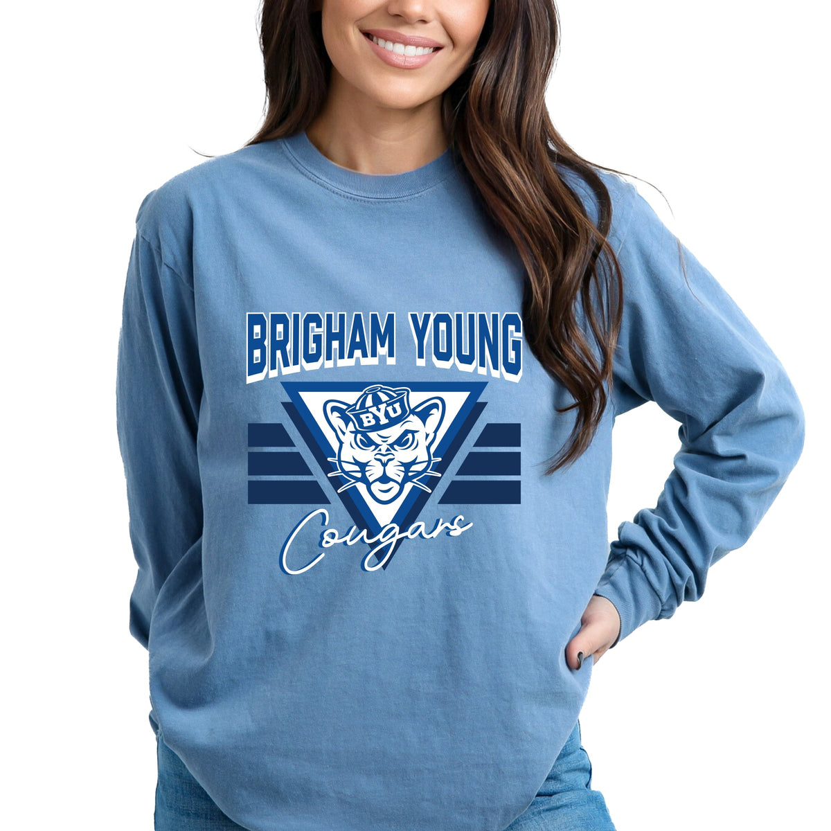 Brigham Young Cougars Triangle - Women's Garment Dyed Long Sleeve Graphic T-Shirt