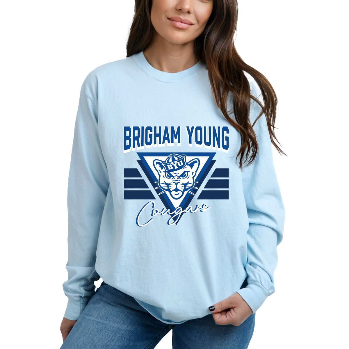 Brigham Young Cougars Triangle - Women's Garment Dyed Long Sleeve Graphic T-Shirt