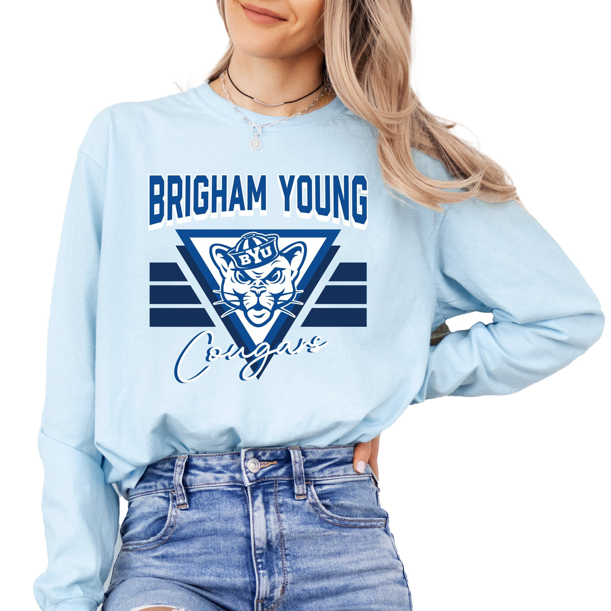 Brigham Young Cougars Triangle - Women's Garment Dyed Long Sleeve Graphic T-Shirt