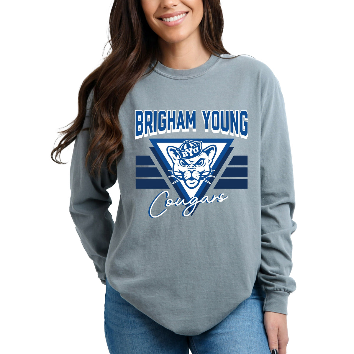 Brigham Young Cougars Triangle - Women's Garment Dyed Long Sleeve Graphic T-Shirt