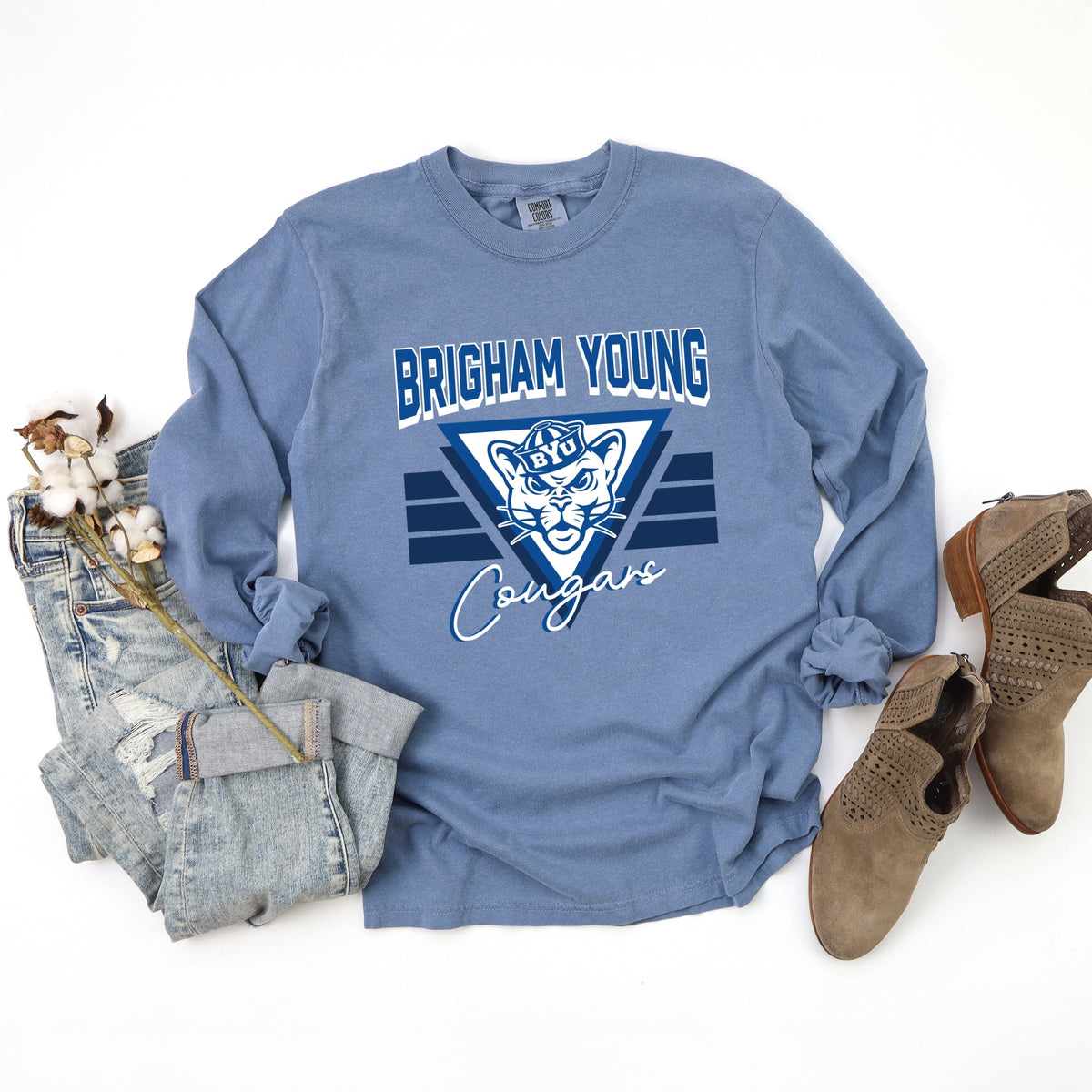Brigham Young Cougars Triangle - Women's Garment Dyed Long Sleeve Graphic T-Shirt
