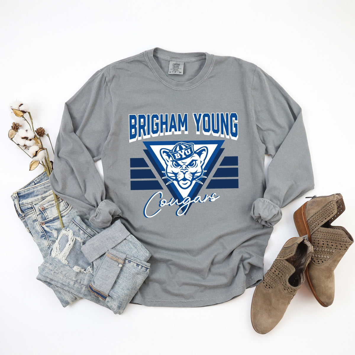 Brigham Young Cougars Triangle - Women's Garment Dyed Long Sleeve Graphic T-Shirt