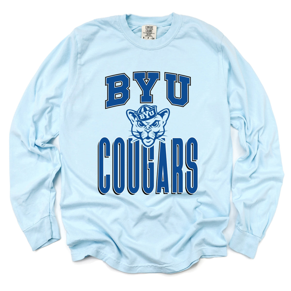 Licensed BYU Cougars Outline Cosmo - Women's Garment Dyed Long Sleeve Graphic T-Shirt