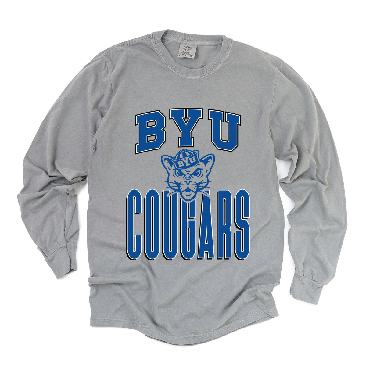 Licensed BYU Cougars Outline Cosmo - Women's Garment Dyed Long Sleeve Graphic T-Shirt