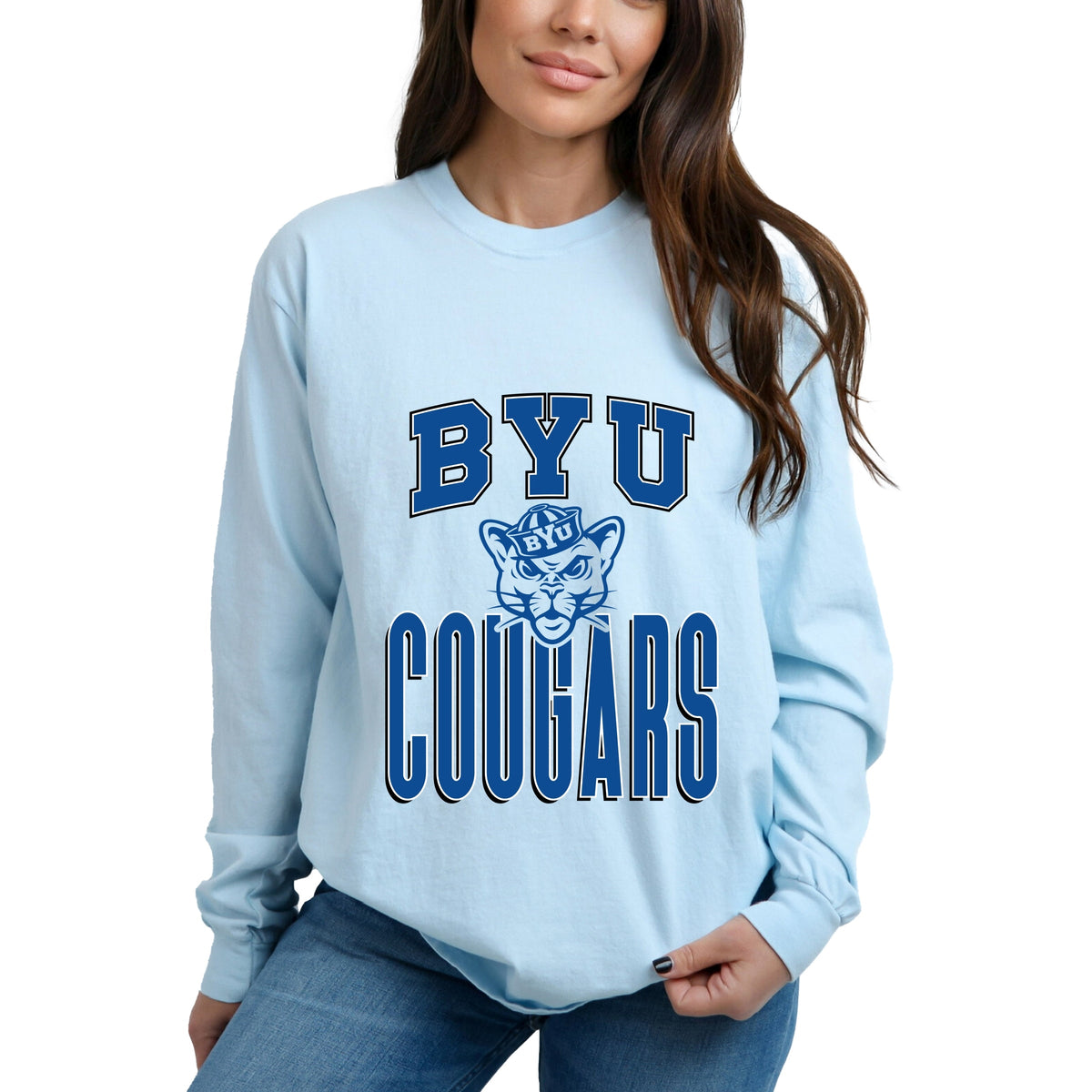 Licensed BYU Cougars Outline Cosmo - Women's Garment Dyed Long Sleeve Graphic T-Shirt
