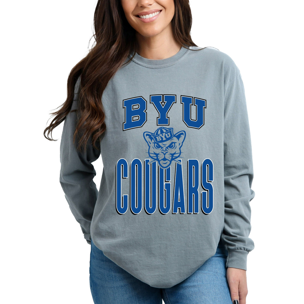 Licensed BYU Cougars Outline Cosmo - Women's Garment Dyed Long Sleeve Graphic T-Shirt