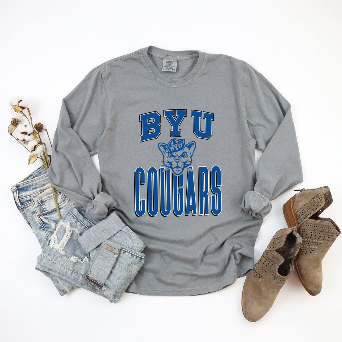 Licensed BYU Cougars Outline Cosmo - Women's Garment Dyed Long Sleeve Graphic T-Shirt