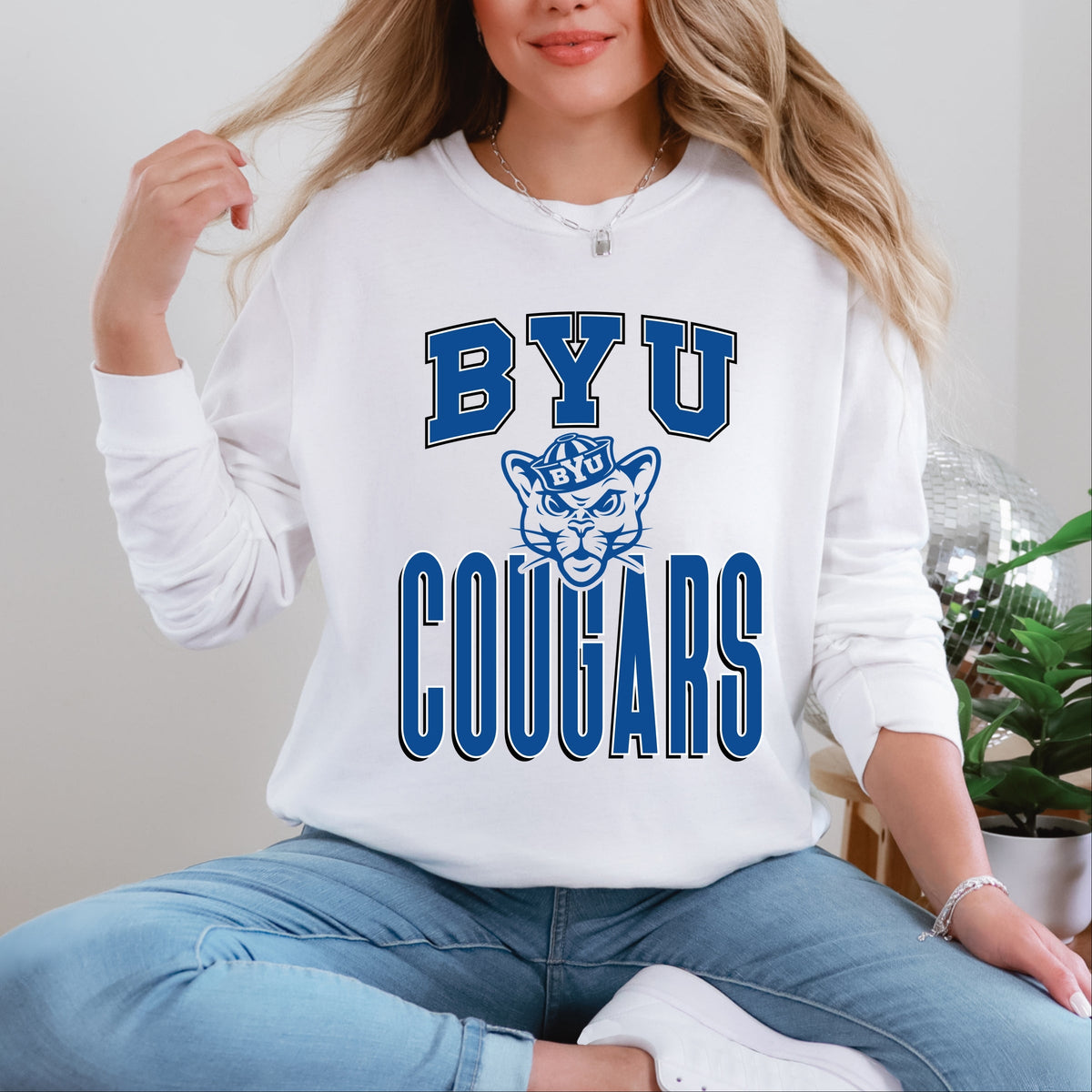 Licensed BYU Cougars Outline Cosmo - Women's Garment Dyed Long Sleeve Graphic T-Shirt