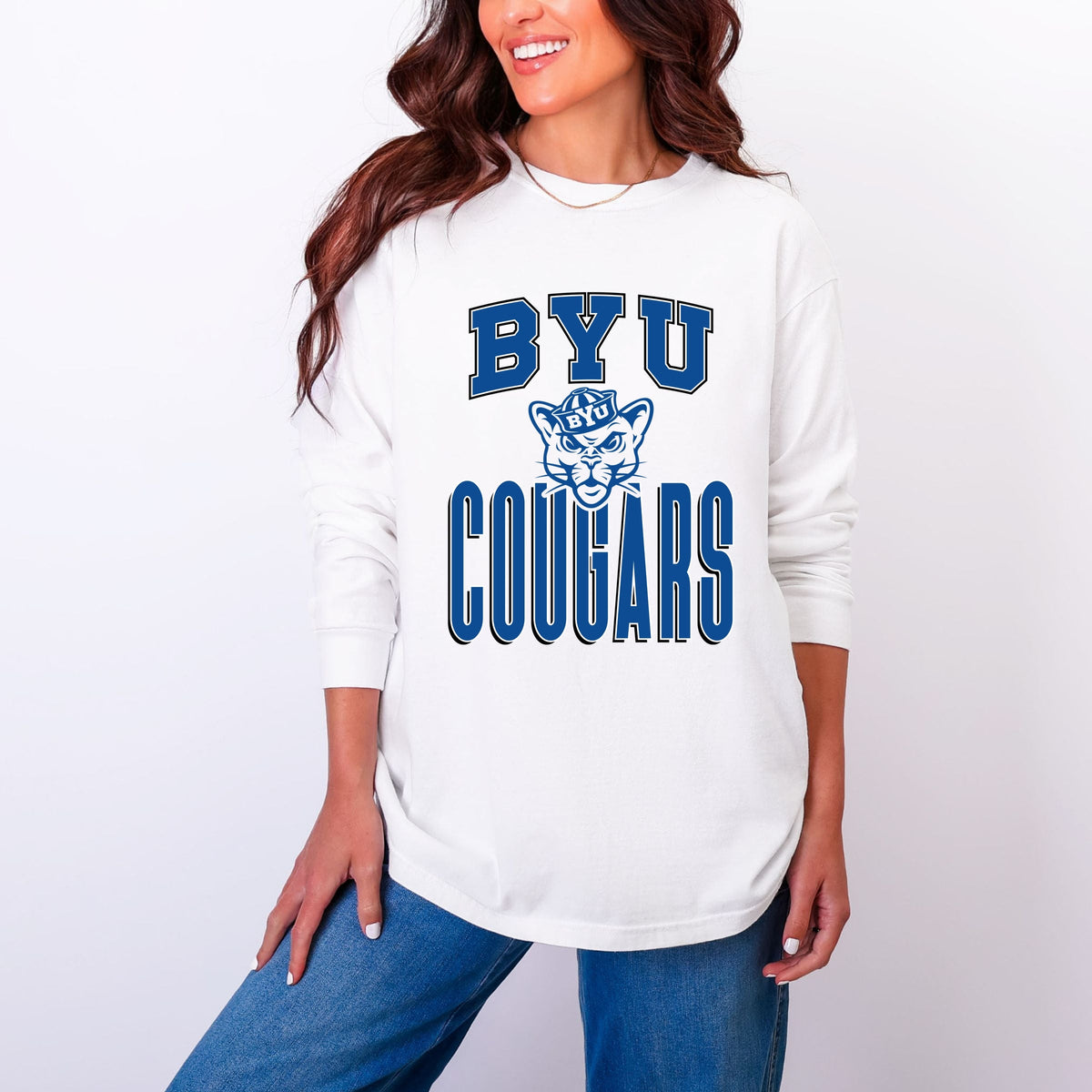 Licensed BYU Cougars Outline Cosmo - Women's Garment Dyed Long Sleeve Graphic T-Shirt