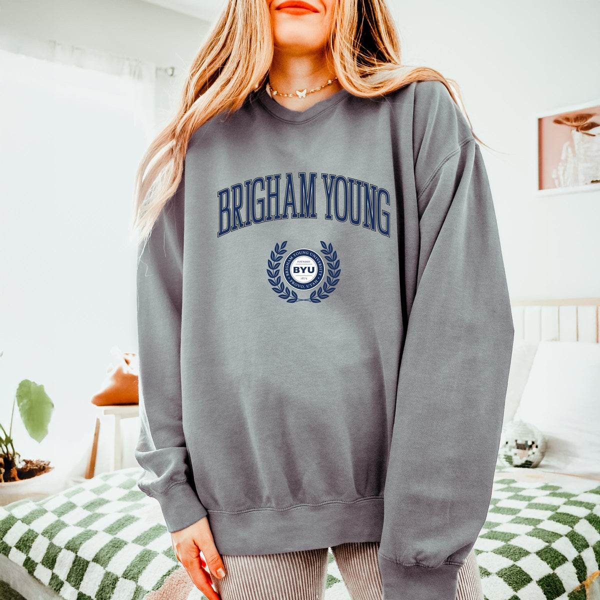 Licensed Brigham Young Laurel Leaves - Women's Lightweight Garment Dyed Sweatshirt