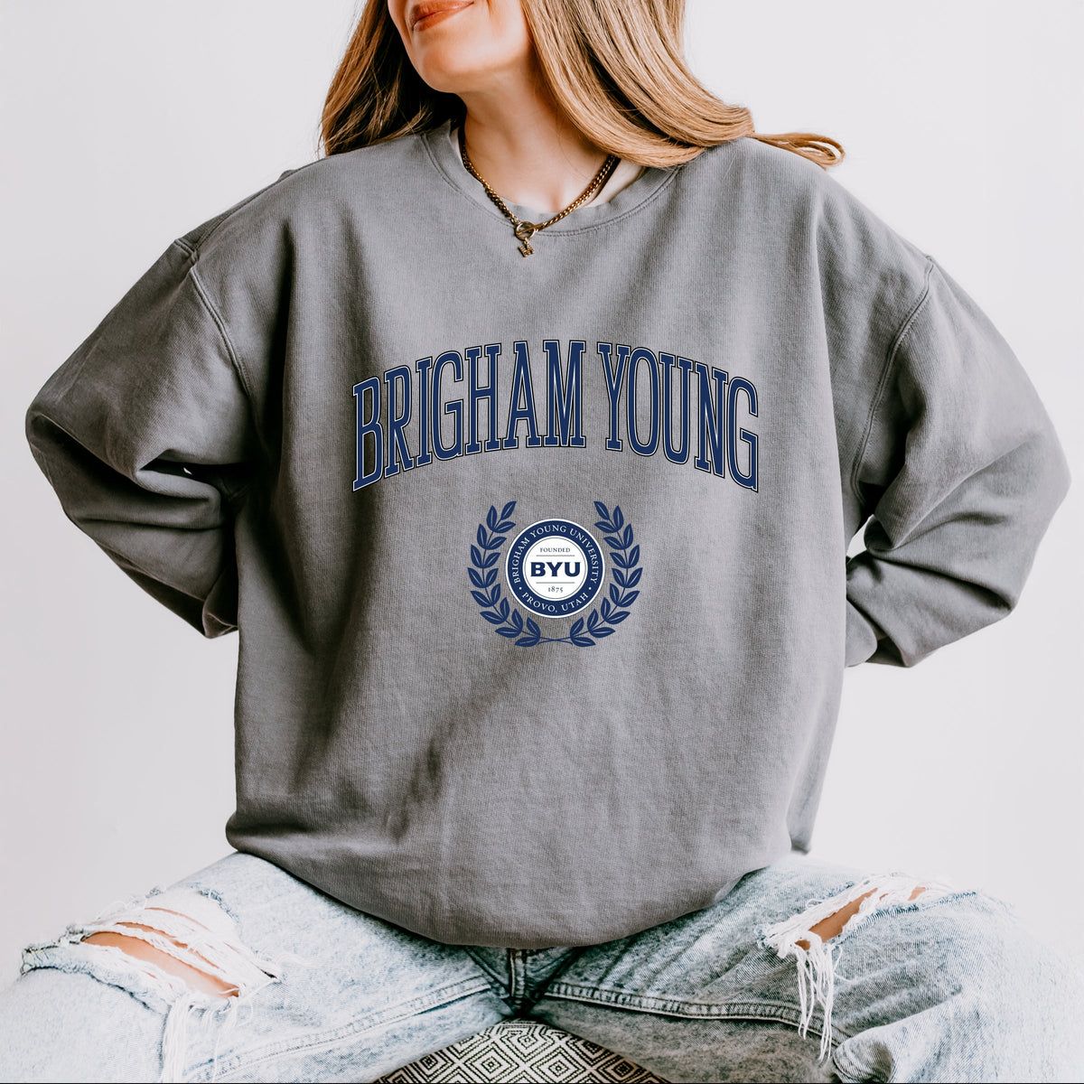 Licensed Brigham Young Laurel Leaves - Women's Lightweight Garment Dyed Sweatshirt