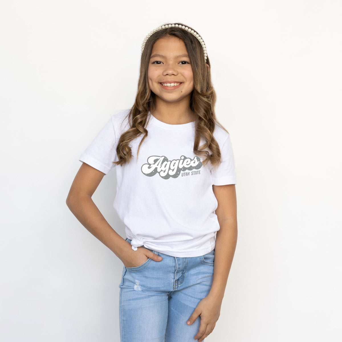 Aggies Grey And White Cursive - Youth Short Sleeve Graphic T-Shirt