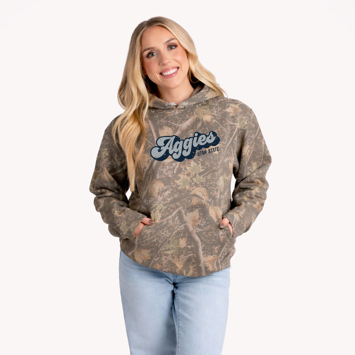 Aggies Grey and Blue Cursive - Women's Camo Hoodie