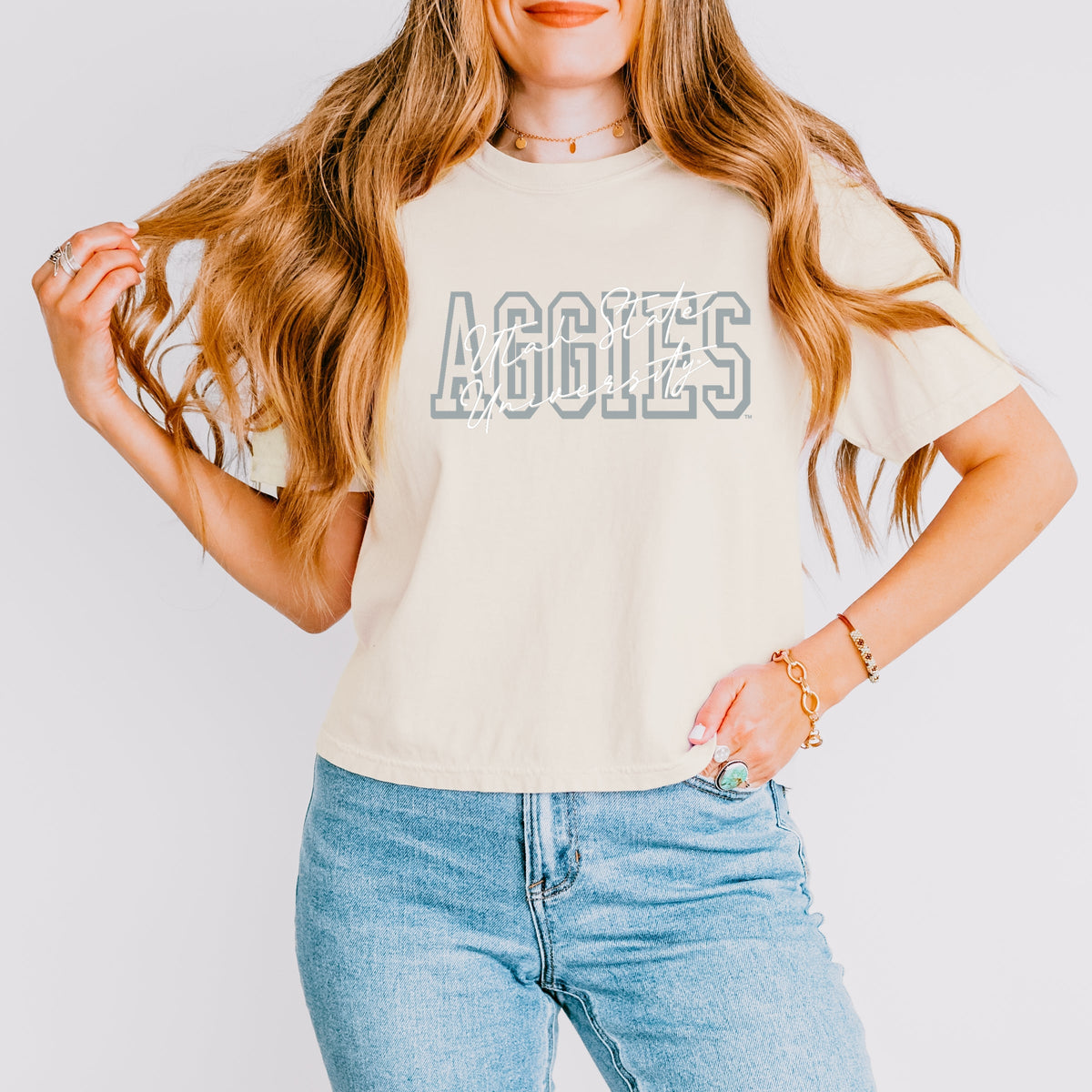 Grey Aggies White Cursive - Women's Boxy Crop Top Graphic T-Shirt