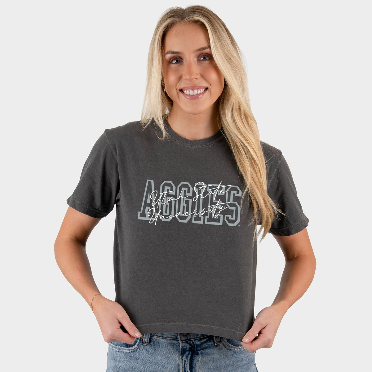 Grey Aggies White Cursive - Women's Boxy Crop Top Graphic T-Shirt