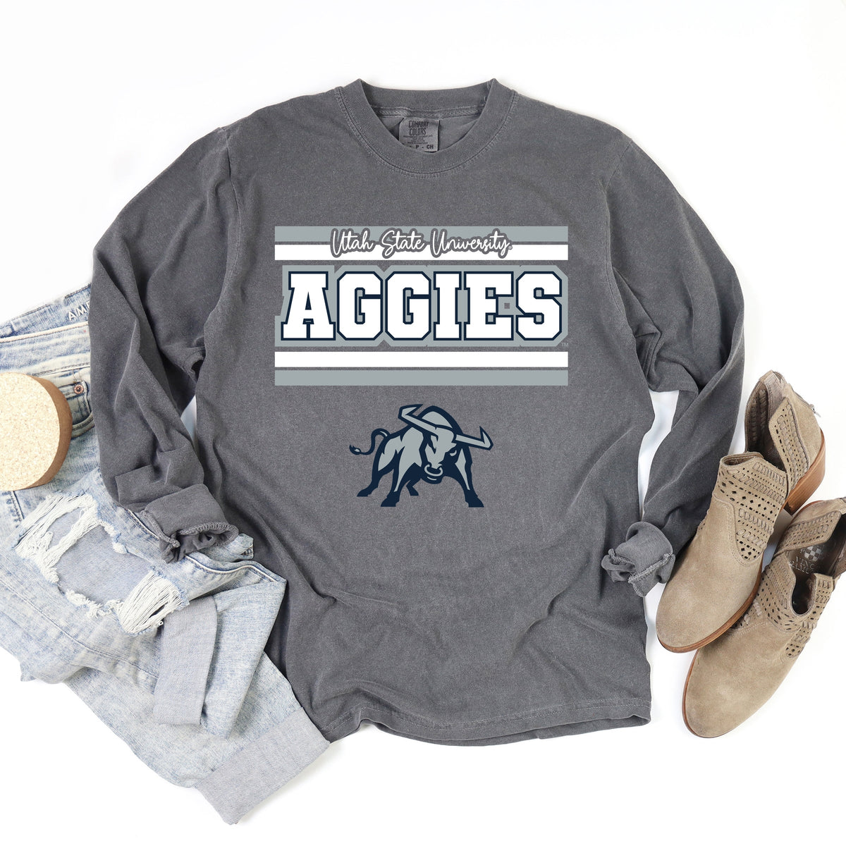 Licensed Big Blue Aggies Bull - Women's Garment Dyed Long Sleeve Graphic T-Shirt