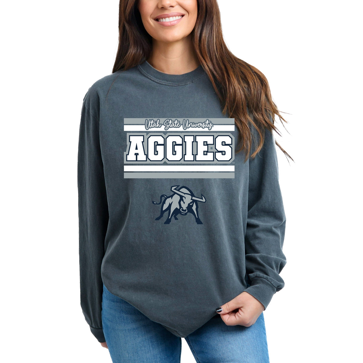 Licensed Big Blue Aggies Bull - Women's Garment Dyed Long Sleeve Graphic T-Shirt
