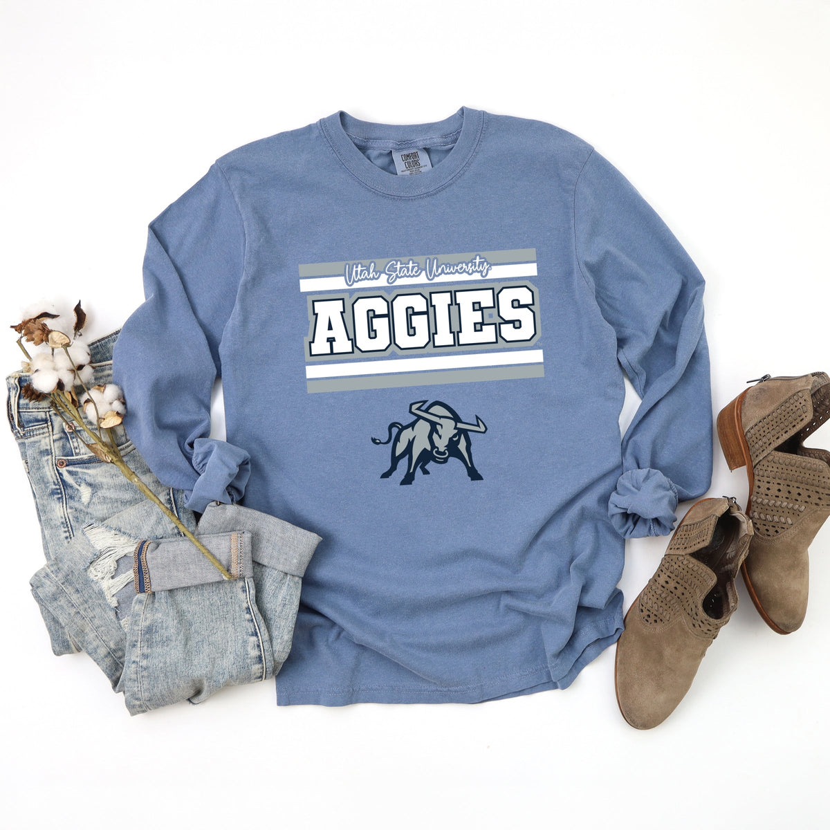 Licensed Big Blue Aggies Bull - Women's Garment Dyed Long Sleeve Graphic T-Shirt