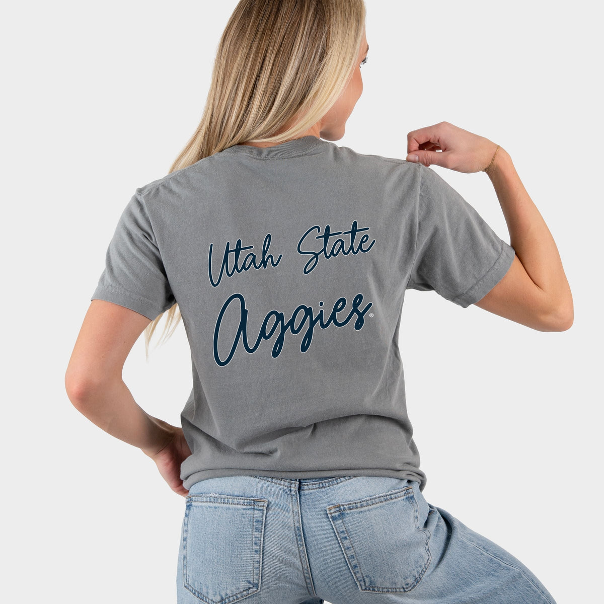Utah State Aggies Cursive  - Women's Garment Dyed Graphic T-Shirt