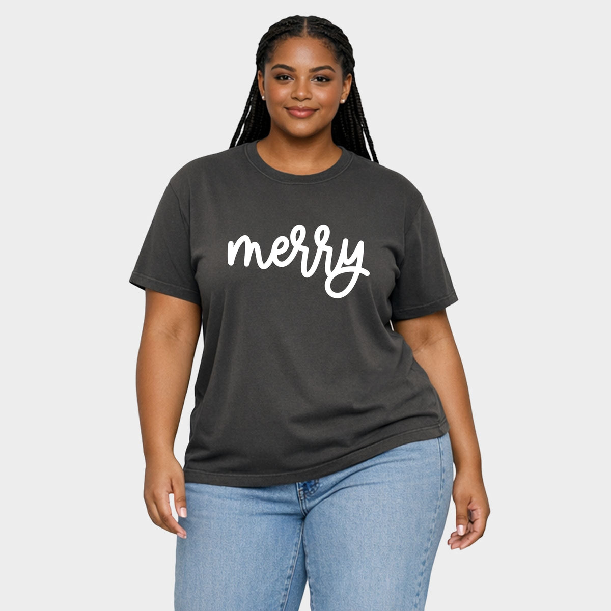 Merry Bold Cursive Puff Print - Women's Plus Garment Dyed Tee
