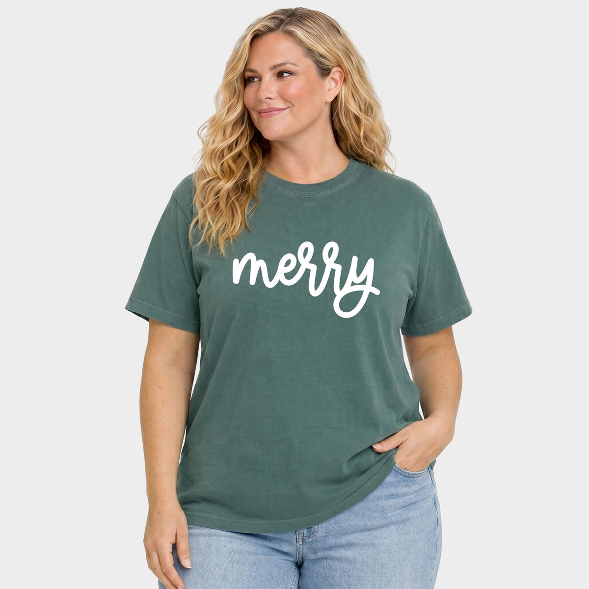 Merry Bold Cursive Puff Print - Women's Plus Garment Dyed Tee