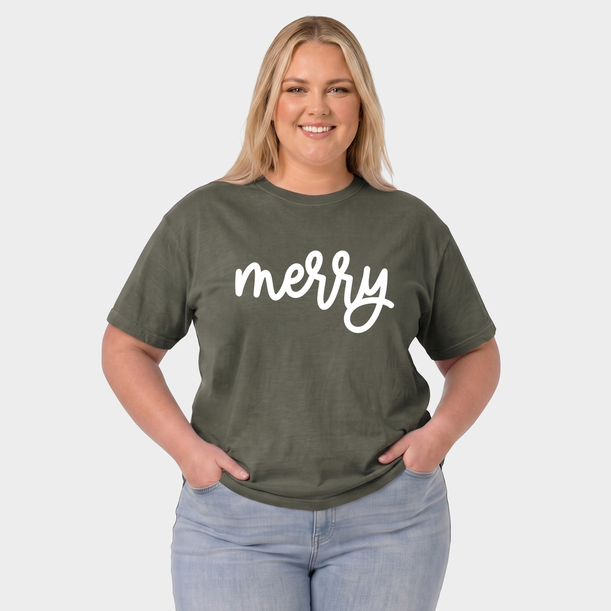 Merry Bold Cursive Puff Print - Women's Plus Garment Dyed Tee