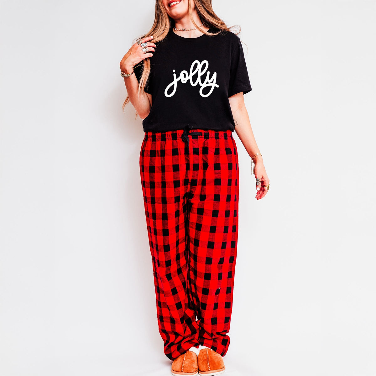 Jolly Bold Cursive Puff Print - Women's Plaid Pants and Tee Set
