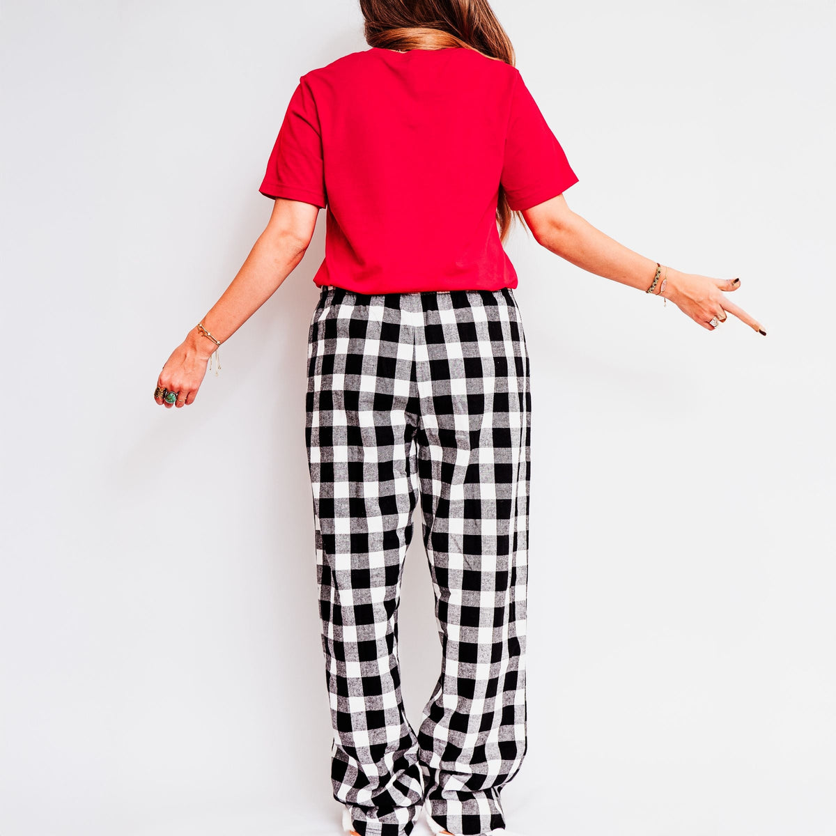 Jolly Bold Cursive Puff Print - Women's Plaid Pants and Tee Set