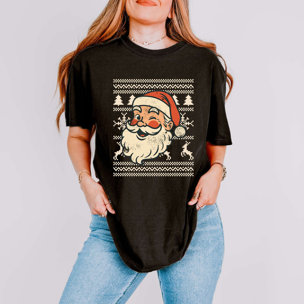 Ugly Sweater Santa Face - Women's Garment Dyed Graphic T-Shirt