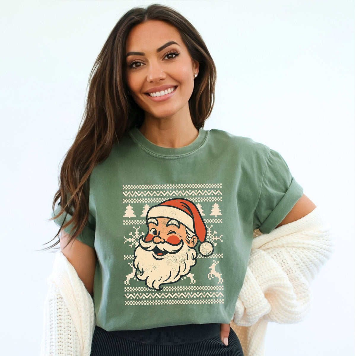 Ugly Sweater Santa Face - Women's Garment Dyed Graphic T-Shirt