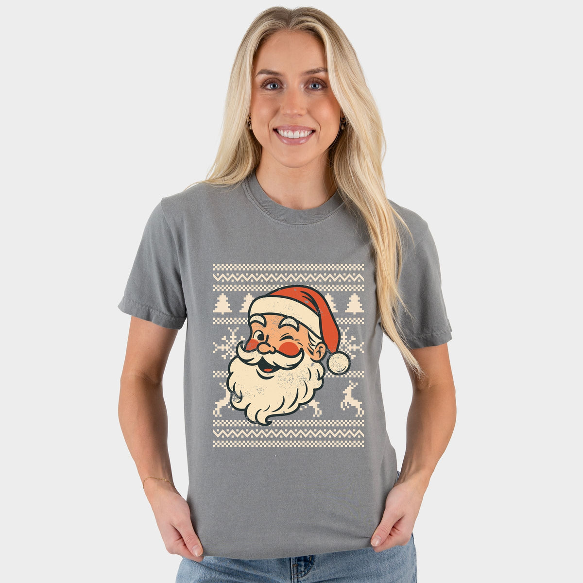 Ugly Sweater Santa Face - Women's Garment Dyed Graphic T-Shirt