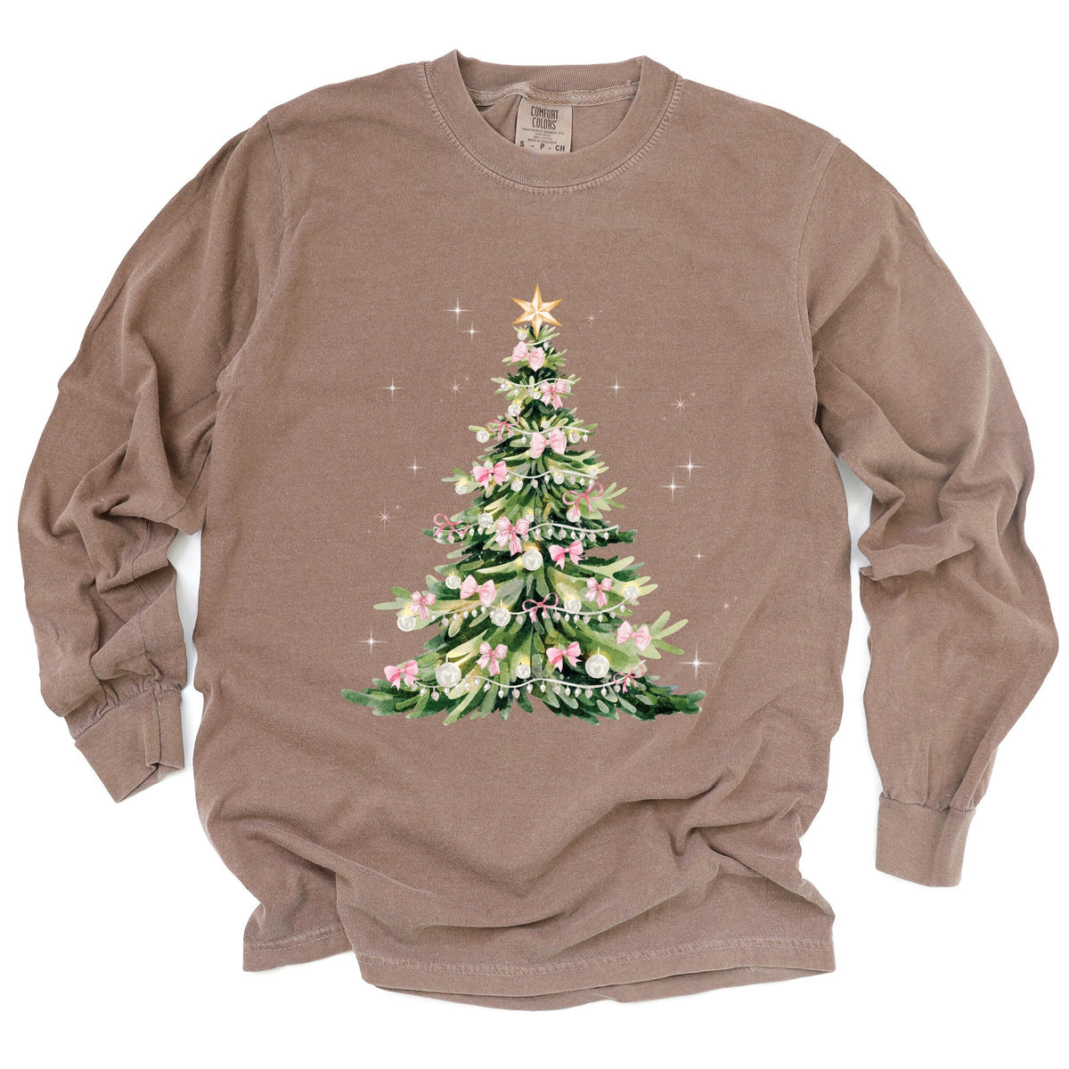 Watercolor Christmas Tree Sparkle - Women's Garment Dyed Long Sleeve Graphic T-Shirt
