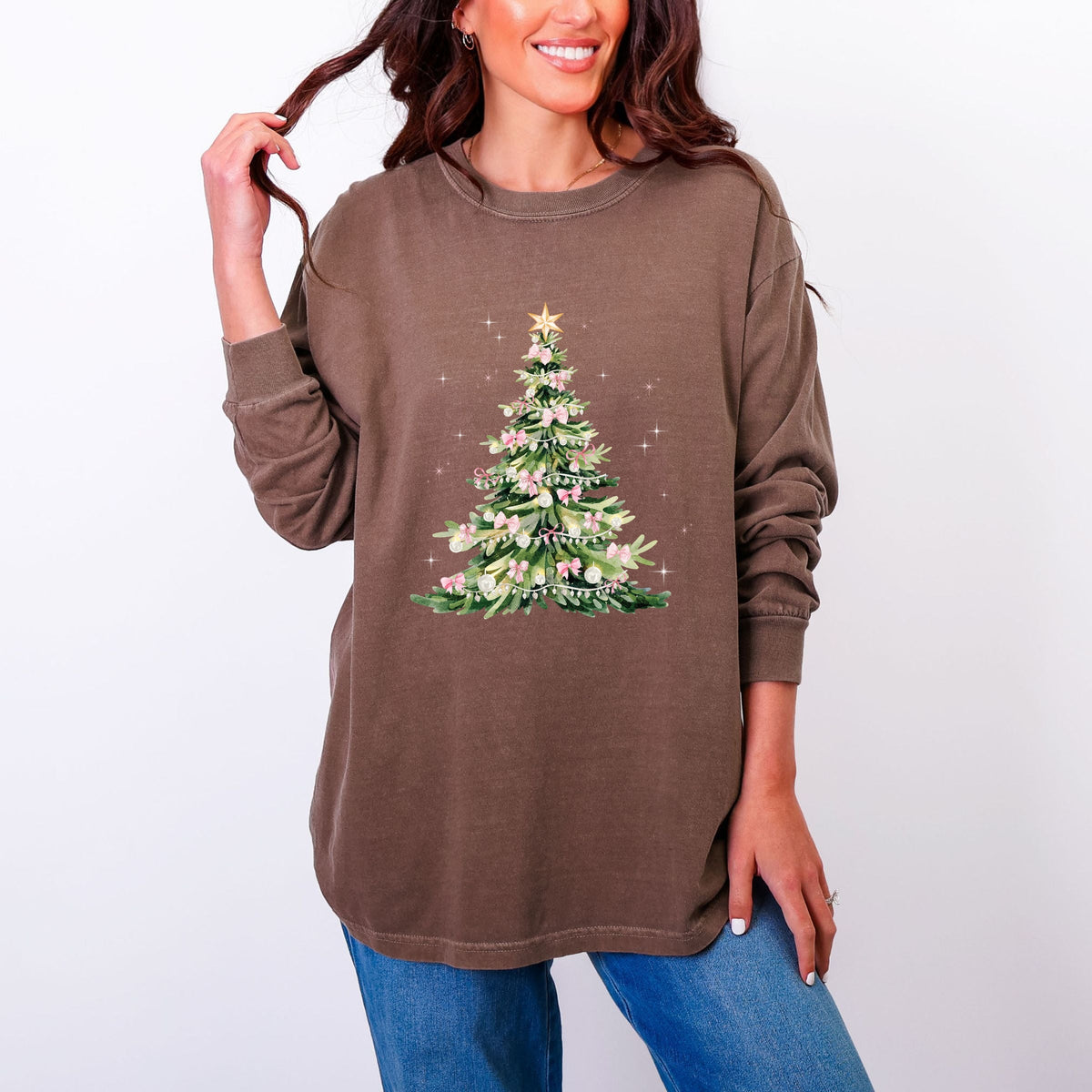 Watercolor Christmas Tree Sparkle - Women's Garment Dyed Long Sleeve Graphic T-Shirt