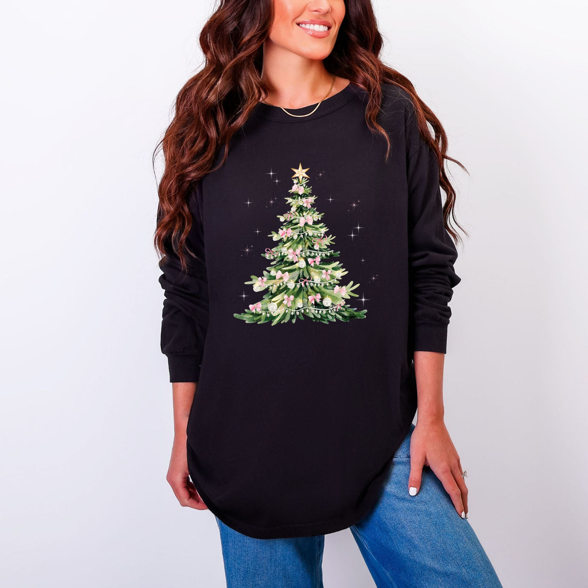 Watercolor Christmas Tree Sparkle - Women's Garment Dyed Long Sleeve Graphic T-Shirt