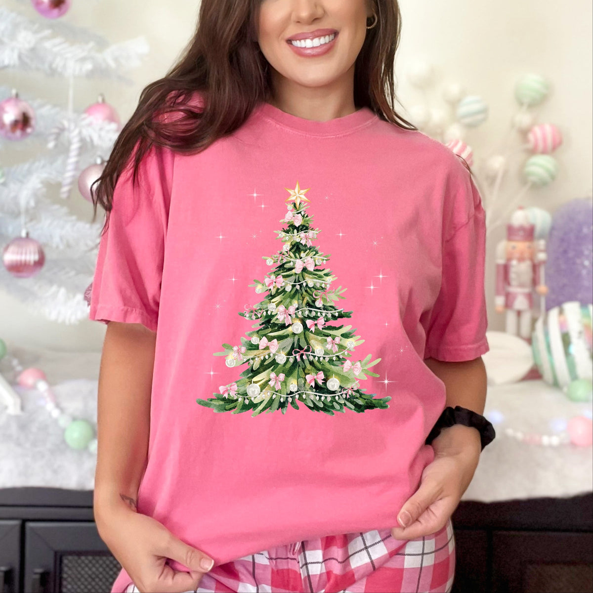 Watercolor Christmas Tree Sparkle - Women's Garment Dyed Tee