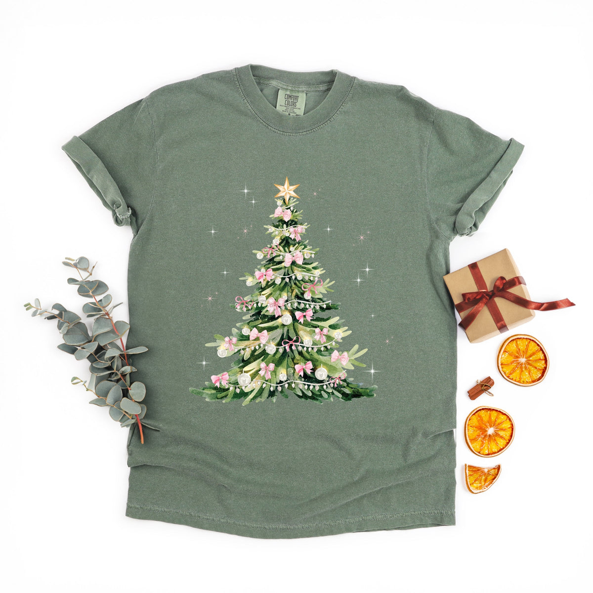 Watercolor Christmas Tree Sparkle - Women's Garment Dyed Tee