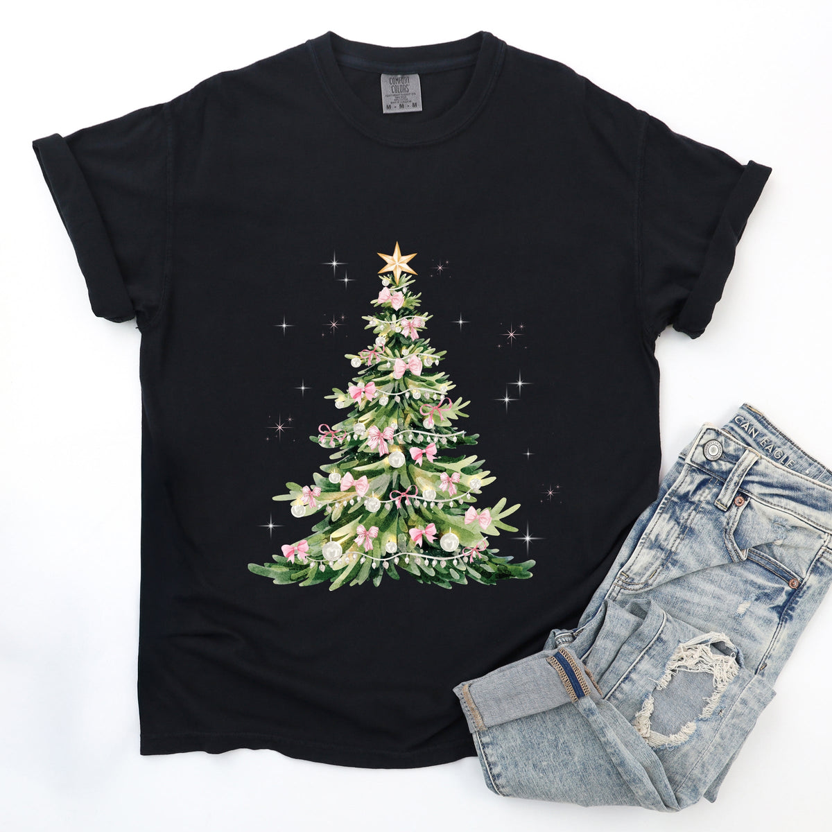 Watercolor Christmas Tree Sparkle - Women's Garment Dyed Tee