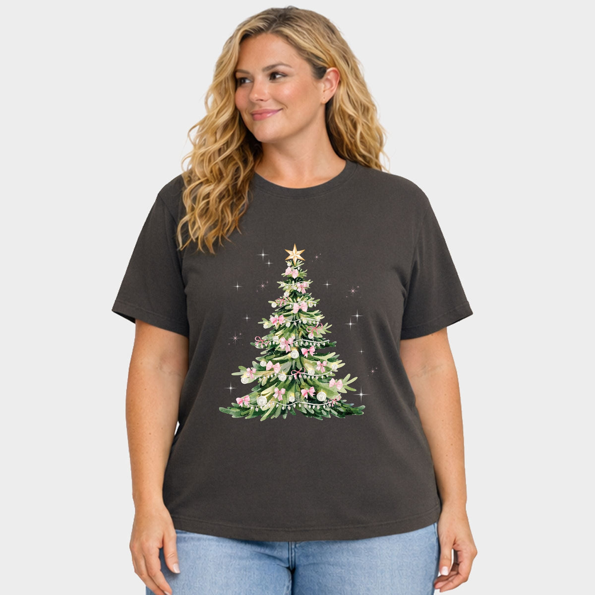 Watercolor Christmas Tree Sparkle - Women's Plus Garment Dyed Tee