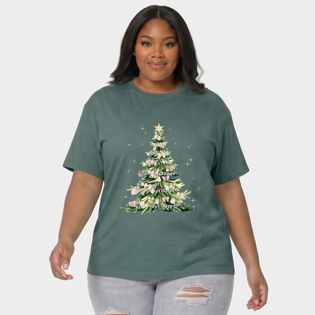 Watercolor Christmas Tree Sparkle - Women's Plus Garment Dyed Tee