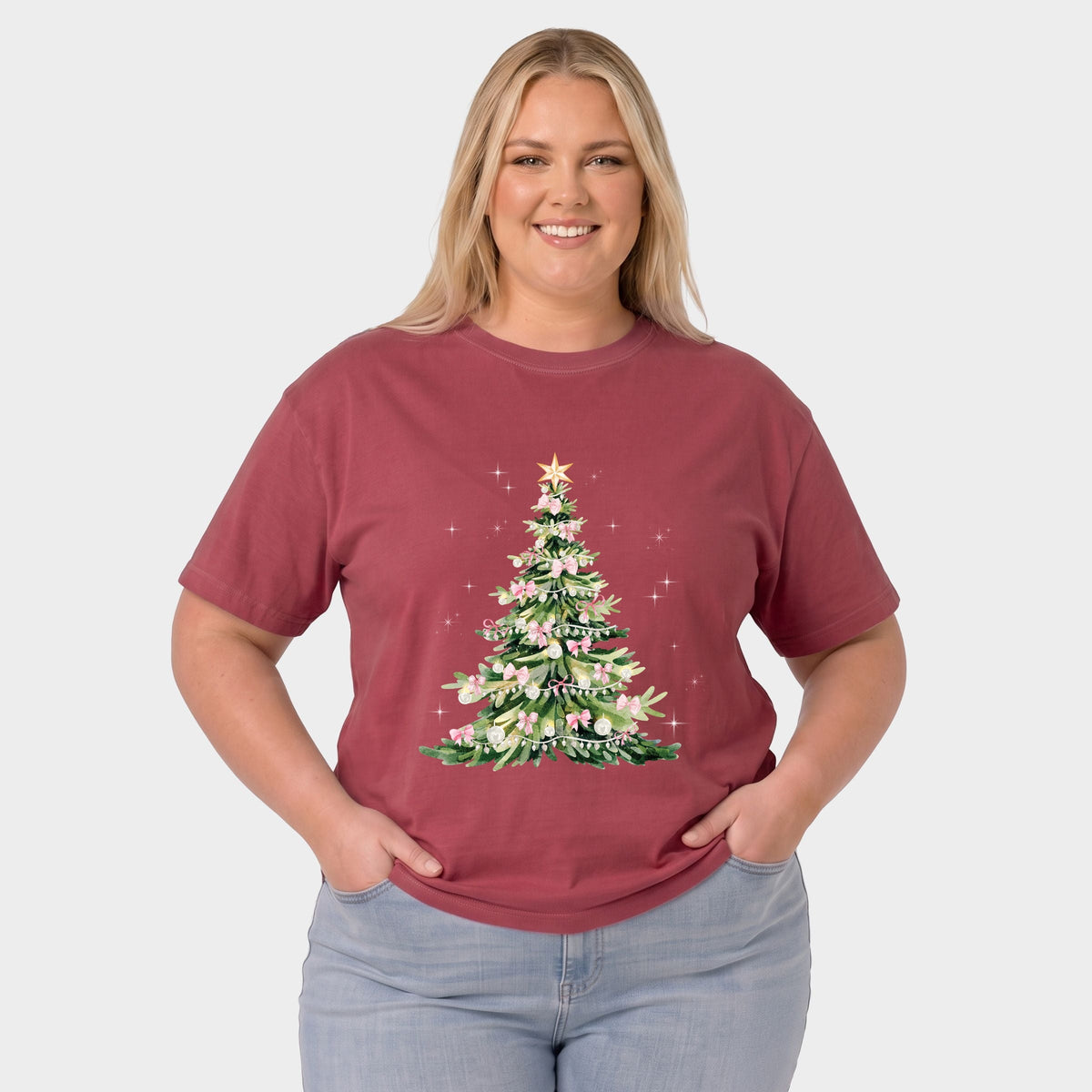 Watercolor Christmas Tree Sparkle - Women's Plus Garment Dyed Tee