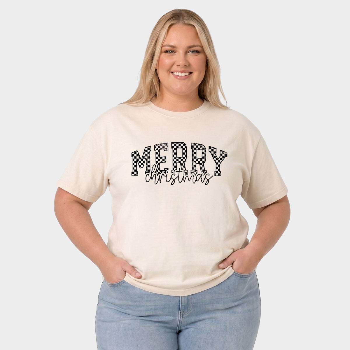 Merry Christmas Varsity Checkered - Women's Plus Garment Dyed Tee