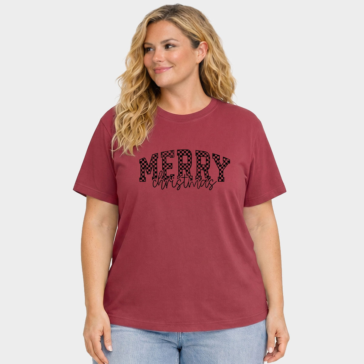 Merry Christmas Varsity Checkered - Women's Plus Garment Dyed Tee