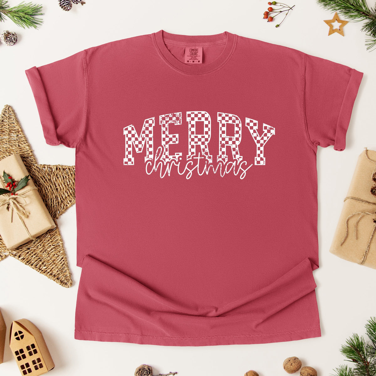 Merry Christmas Varsity Checkered - Garment Dyed Tee